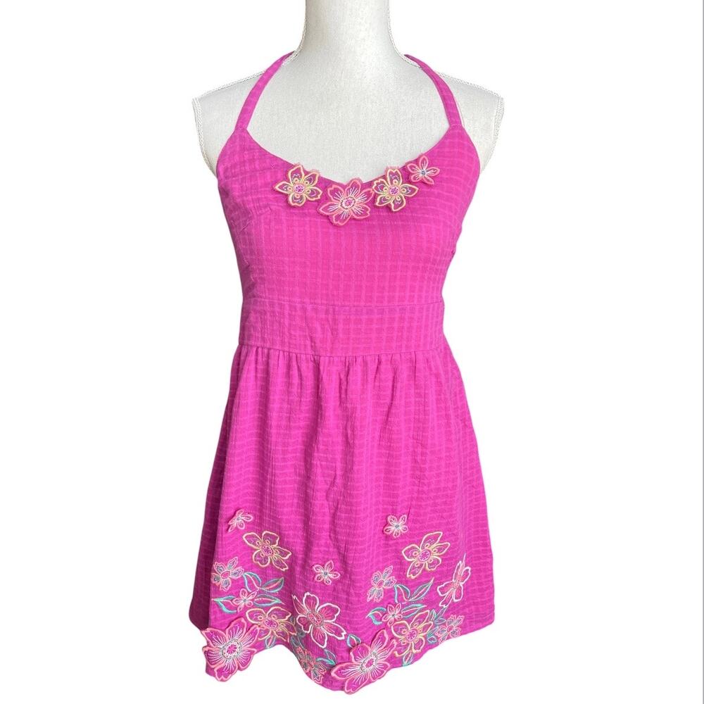 Lulumari pink floral embroidered halter dress new  sundress boho cottage